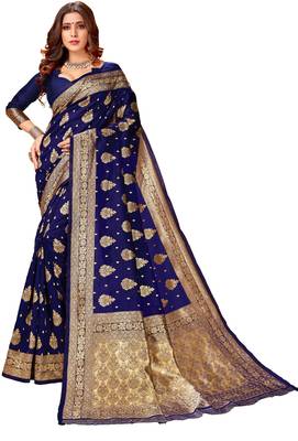 Navy blue woven art silk saree with blouse 1