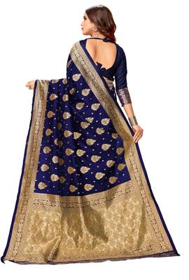 Navy blue woven art silk saree with blouse 3