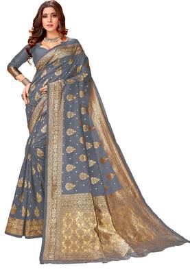 Grey woven art silk saree with blouse 1