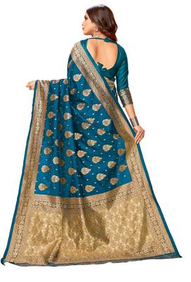 Turquoise woven art silk saree with blouse 3