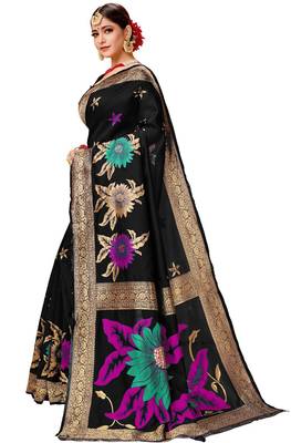 Black woven art silk saree with blouse 4
