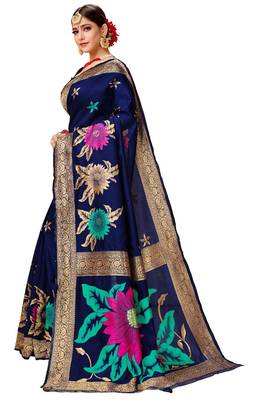 Navy blue woven art silk saree with blouse 4