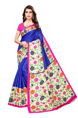 Blue Printed art Silk Saree With Blouse 1