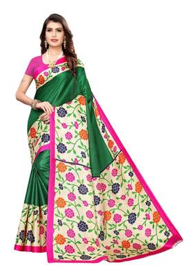 Green Printed art silk Saree With Blouse 1