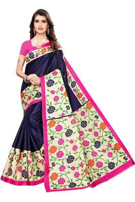 Navy Printed art Silk Saree With Blouse 1