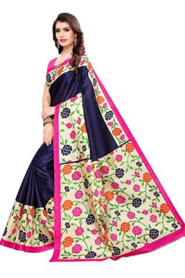 Navy Printed art Silk Saree With Blouse 2