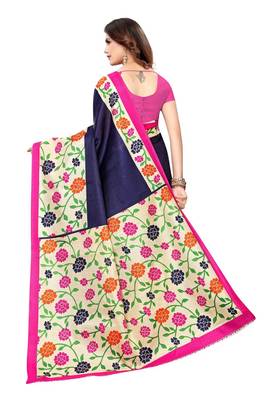 Navy Printed art Silk Saree With Blouse 3
