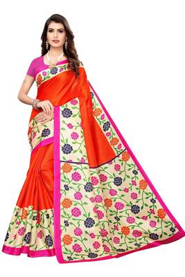 Orange Printed art Silk Saree With Blouse 1