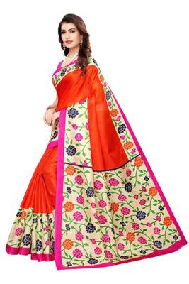 Orange Printed art Silk Saree With Blouse 2