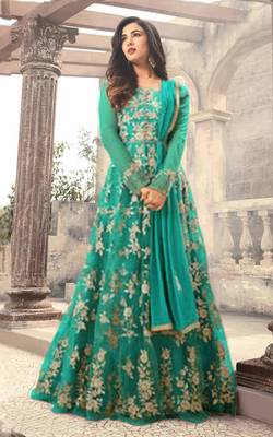 Turquoise embroidered net salwar 1