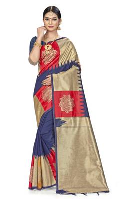 Navy Blue Woven Art Silk Saree With Blouse 1