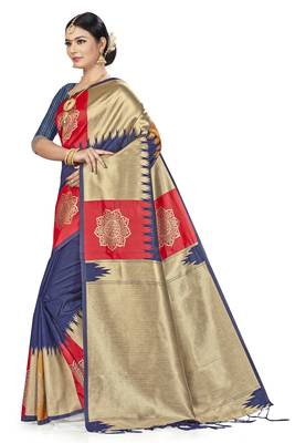 Navy Blue Woven Art Silk Saree With Blouse 2