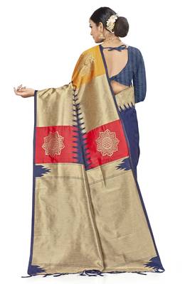 Navy Blue Woven Art Silk Saree With Blouse 3