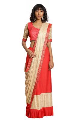 Peach Plain Lycra Cotton Saree With Blouse 1