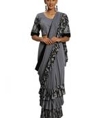 Grey Plain Lycra Cotton Saree With Blouse