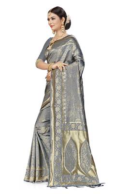 Grey Woven Art Silk Saree With Blouse 2