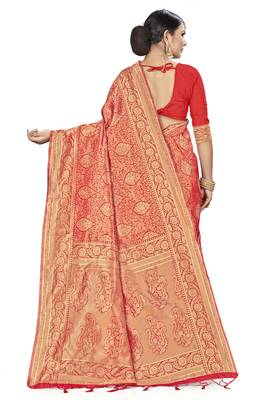 Red Woven Art Silk Saree With Blouse 3