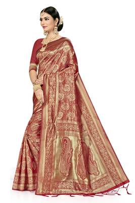 Red Woven Art Silk Saree With Blouse 2