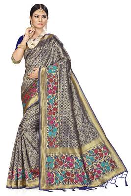 Navy Blue Woven Art Silk Saree With Blouse 1