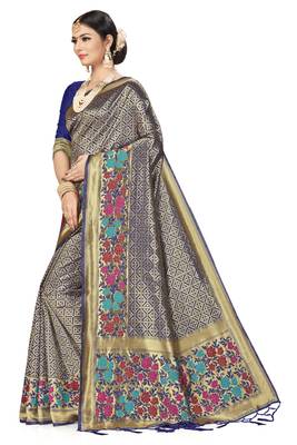 Navy Blue Woven Art Silk Saree With Blouse 2