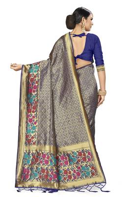 Navy Blue Woven Art Silk Saree With Blouse 3