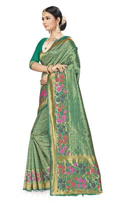Green Woven Art Silk Saree With Blouse 2