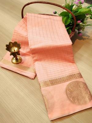 Peach Woven Linen Saree With Blouse 1
