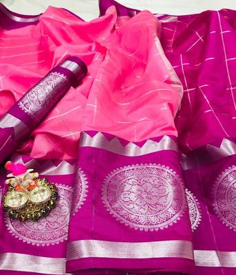 Pink Woven Cotton Silk Saree With Blouse 2