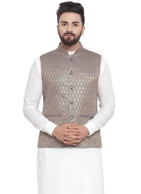 Designer Men Blue And Golden Brocade Nehru Jacket 1