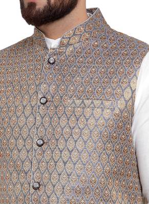 Designer Men Blue And Golden Brocade Nehru Jacket 2