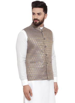 Designer Men Blue And Golden Brocade Nehru Jacket 3