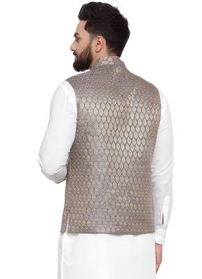 Designer Men Blue And Golden Brocade Nehru Jacket 4