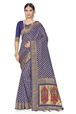 Navy Blue Woven Art Silk Saree With Blouse 1