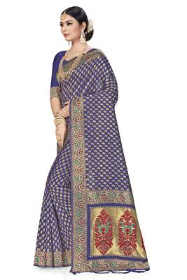 Navy Blue Woven Art Silk Saree With Blouse 2