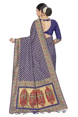 Navy Blue Woven Art Silk Saree With Blouse 3