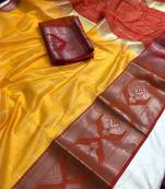 Yellow Woven Cotton Silk Saree With Blouse