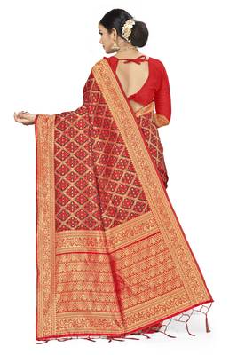 Red Woven Art Silk Saree With Blouse 3