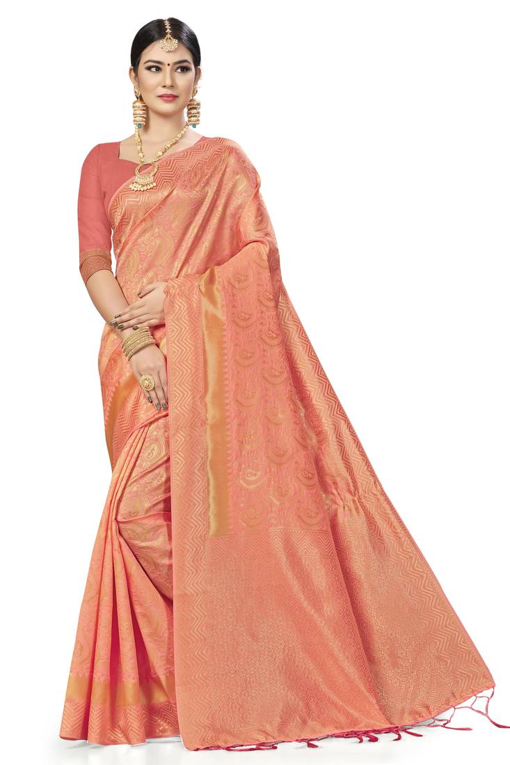 Peach Woven Art Silk Saree With Blouse