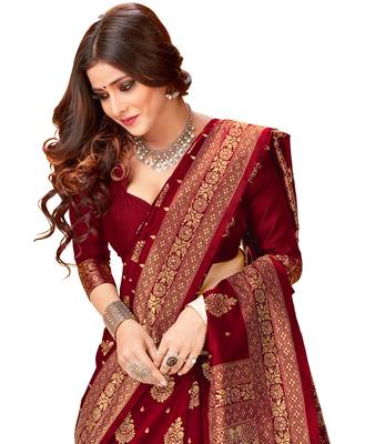 Maroon woven jacquard saree with blouse 4