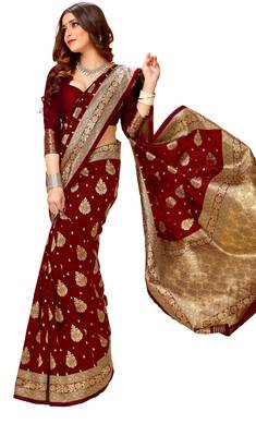 Maroon woven jacquard saree with blouse 5