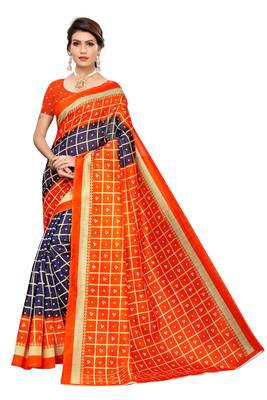 Navy Blue Printed Art Silk Saree With Blouse 1