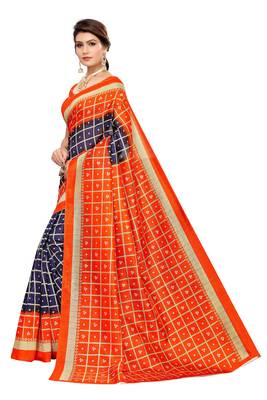 Navy Blue Printed Art Silk Saree With Blouse 2