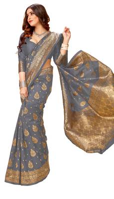 Grey woven jacquard saree with blouse 4