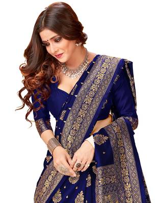 Blue woven jacquard saree with blouse 5