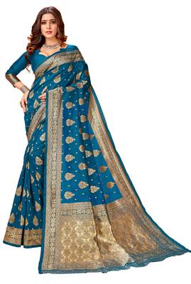 Green woven jacquard saree with blouse 1