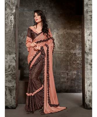 Peach Printed Viscose Rayon Saree With Blouse 1