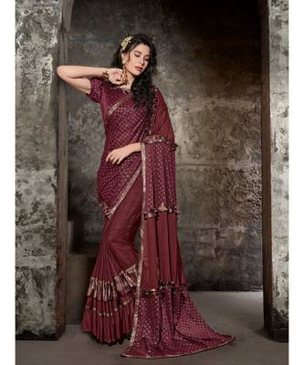 Maroon Printed Viscose Rayon Saree With Blouse 1