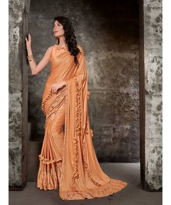 Peach Printed Viscose Rayon Saree With Blouse 1