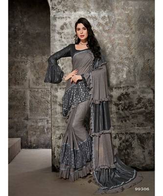 Grey Printed Viscose Rayon Saree With Blouse 1