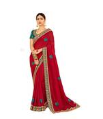 Red Embroidered Cotton Silk Saree With Blouse
